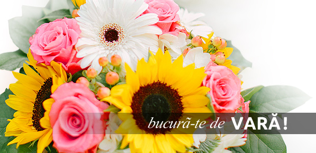 Buchete de vara: floarea soarelui, crini, trandafiri colorati si spice de grau