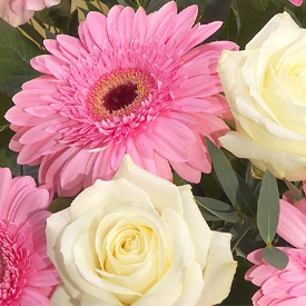 Buchet luxuriant cu trandafiri albi si gerbera roz