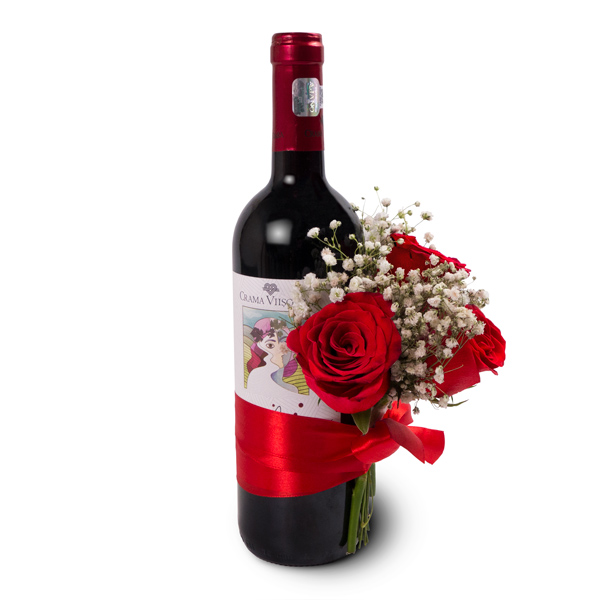 Cadou romantic vin si trandafiri rosii