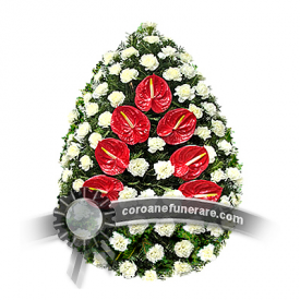 Coroana funerara din garoafe si anthurium rosu