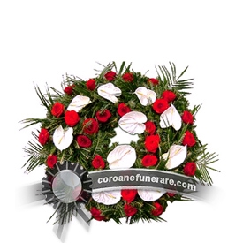 Coroana funerara rotunda din trandafiri si anthurium