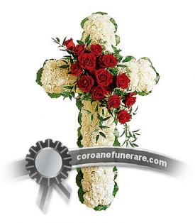 Cruce funerara din garoafe si trandafiri