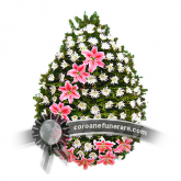 Coroana funerara din crizanteme albe si crini roz